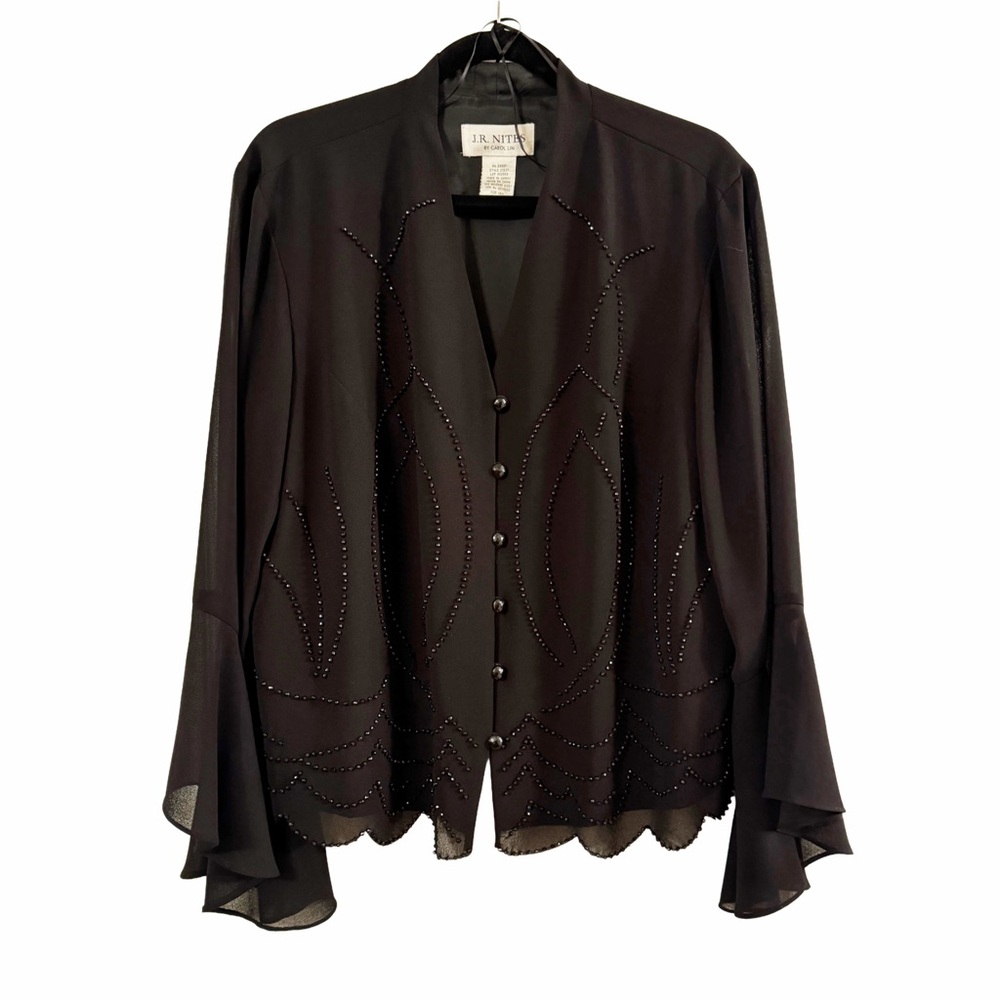 Vintage J.R. Nites by Carol Lin Black Evening Jacket Size 18W Bell Sleeves